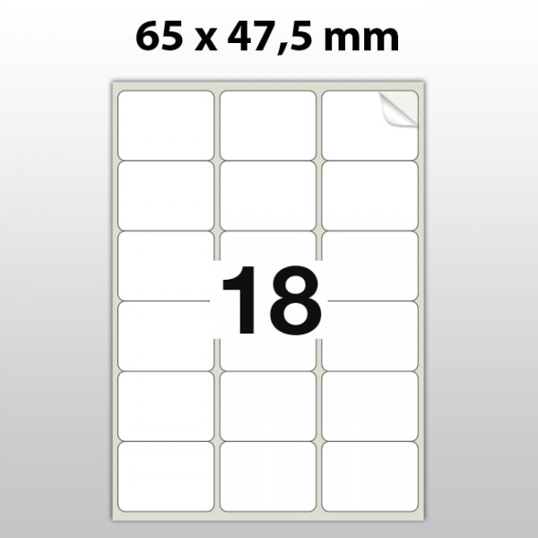 Klebeetiketten aus PET Folie, A4, 65 x 47,5 mm, weiß matt, 100 Blatt pro Packung
